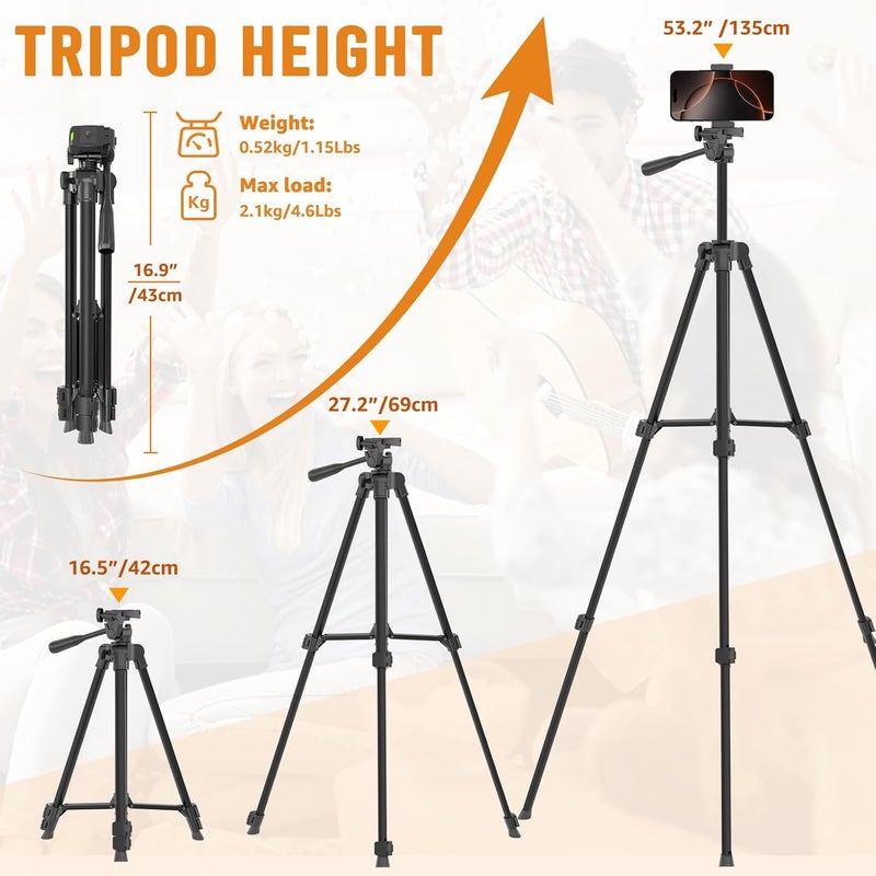 Lusweimi Luswemi 53'' Phone & Camera Mount Tripod Stand with Remote and Holder, Portable Cellphone Tripod Compatible with iPhone 16 Pro Max/15 Pro/Samsung/DJI/GoPro - Image 2